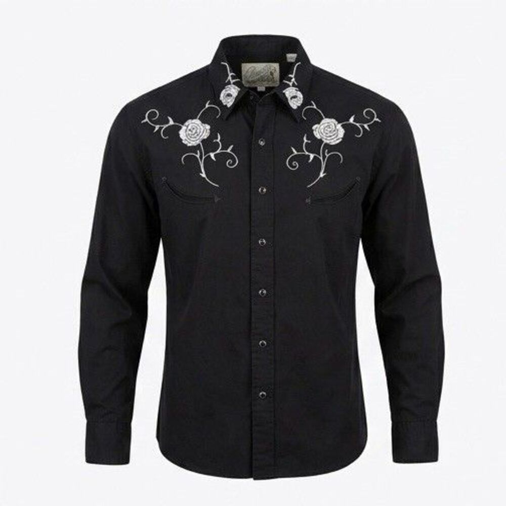 Roper Men's XL Western Snap Shirt Black Embroidered Rose Floral Rockabilly Retro